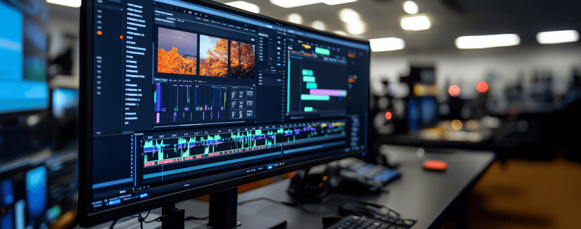 large monitor display of video editing learned potentially through Video for Business course