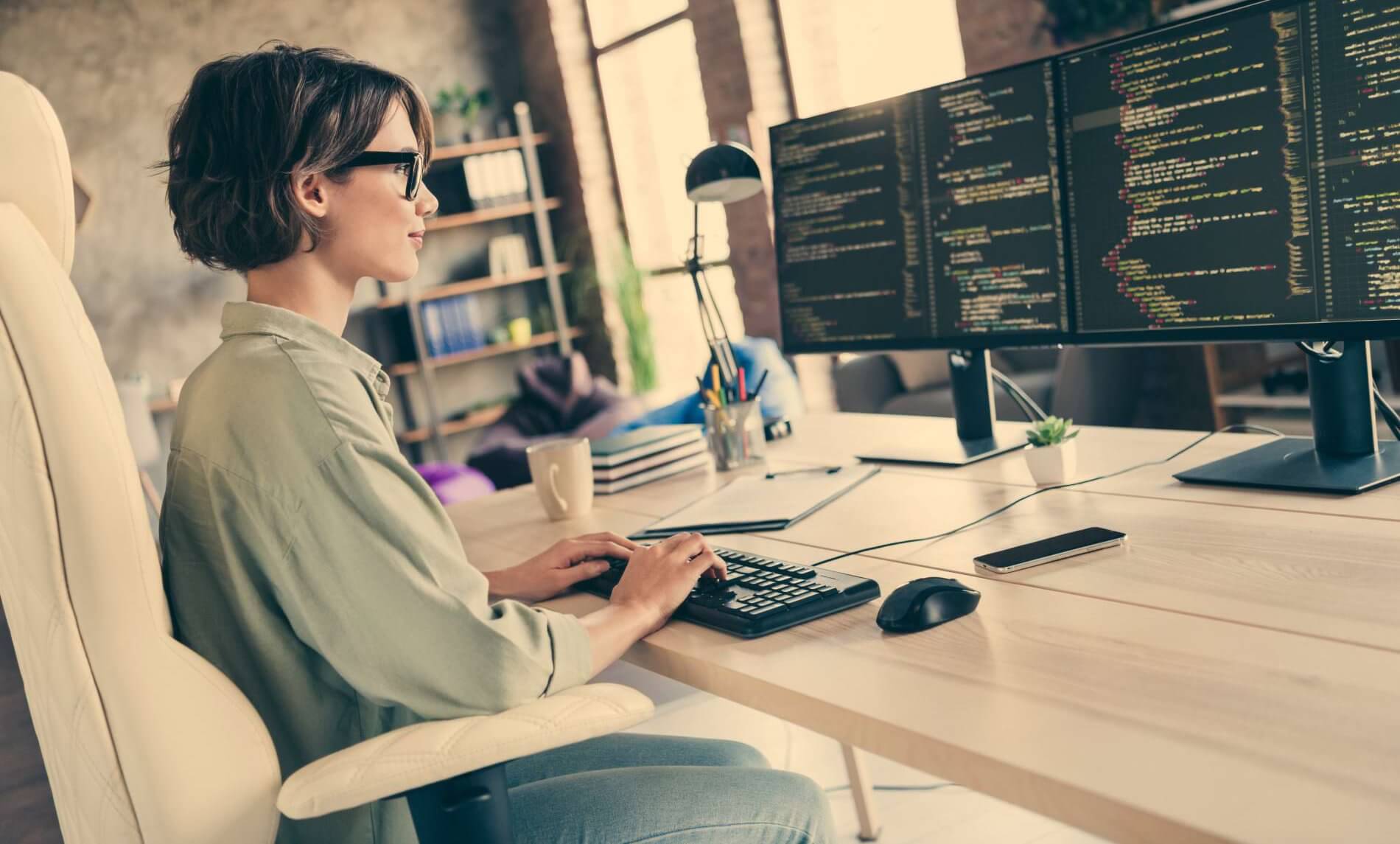 Student learning HTML and CSS coding on dual monitors during Pitman Training web development course