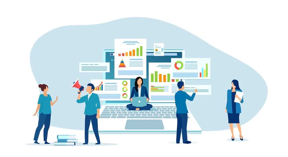 Assess Your Finances Vector of a group of people analyzing business data