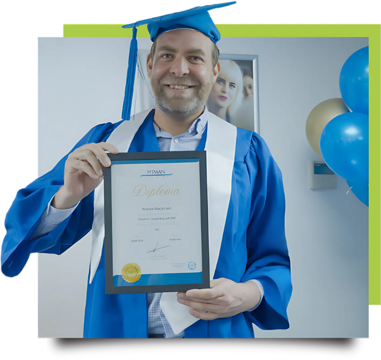 From-Career-Change-to-Graduate-of-the-Year-Andrews-Journey Andrew MacDonald beaming with pride at his Pitman Training Newcastle graduation ceremony, wearing traditional cap and gown