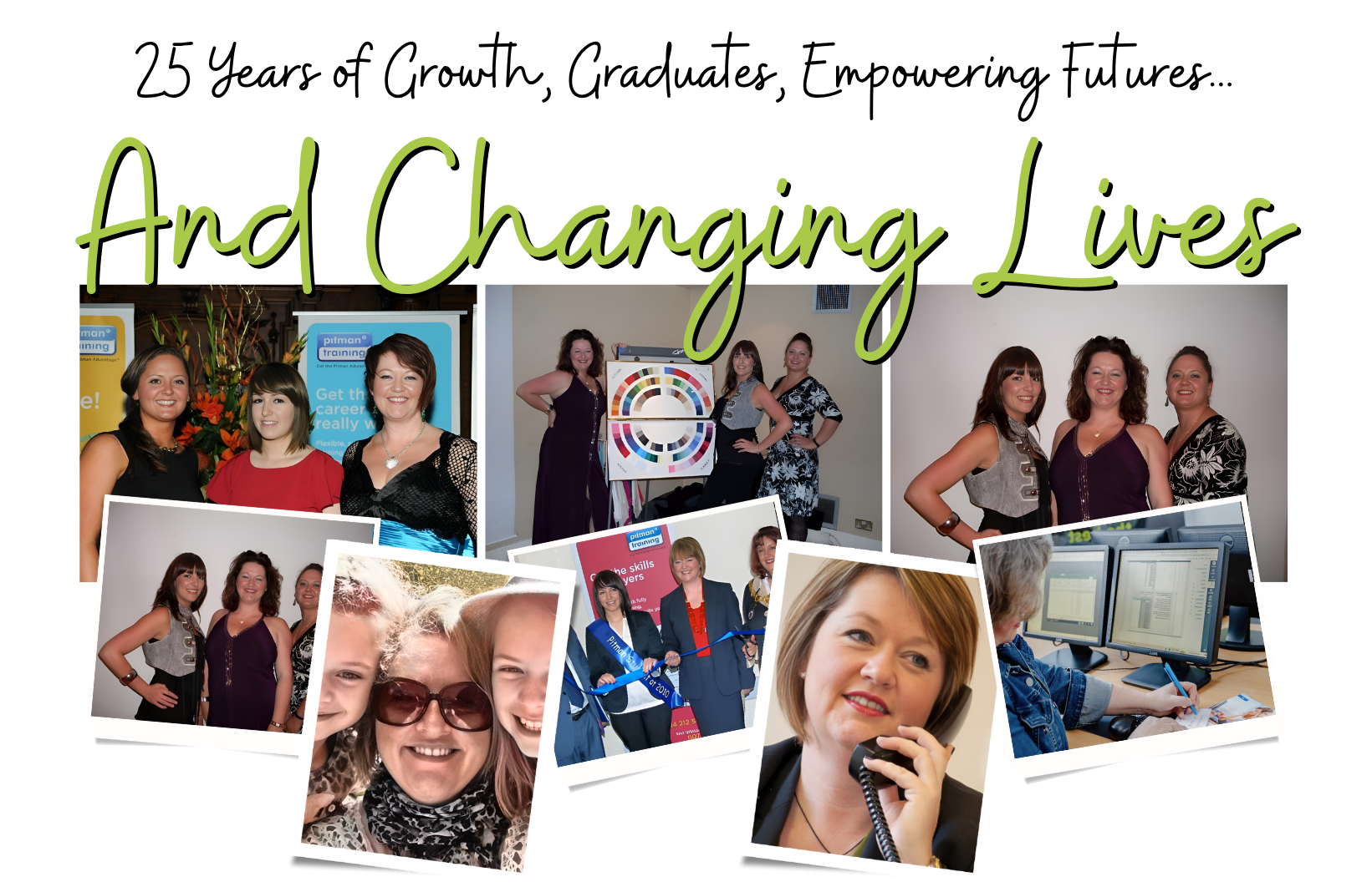 Paula Elliott celebrating 25 years at Pitman Training Dover with graduates and staff members in training centre