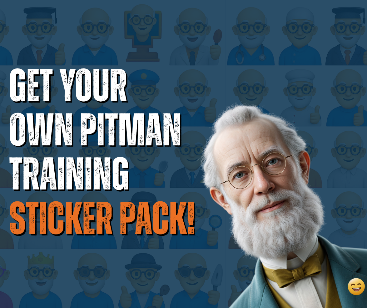 Sir Isaac Pitman in Victorian attire with glasses and bow tie promoting Pitman Training sticker pack download, surrounded by blue emoji-style character icons in the background