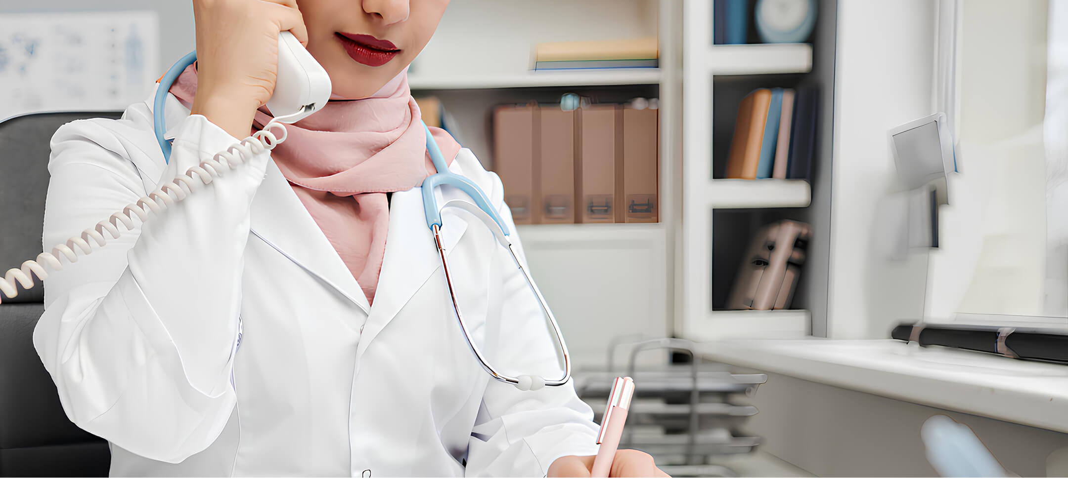 Healthcare professional in white coat and stethoscope speaking on the phone while taking notes, representing medical administration training