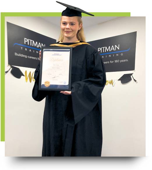 Grace, a Pitman Training Edinburgh graduate, celebrating her success after completing the Executive PA Diploma.