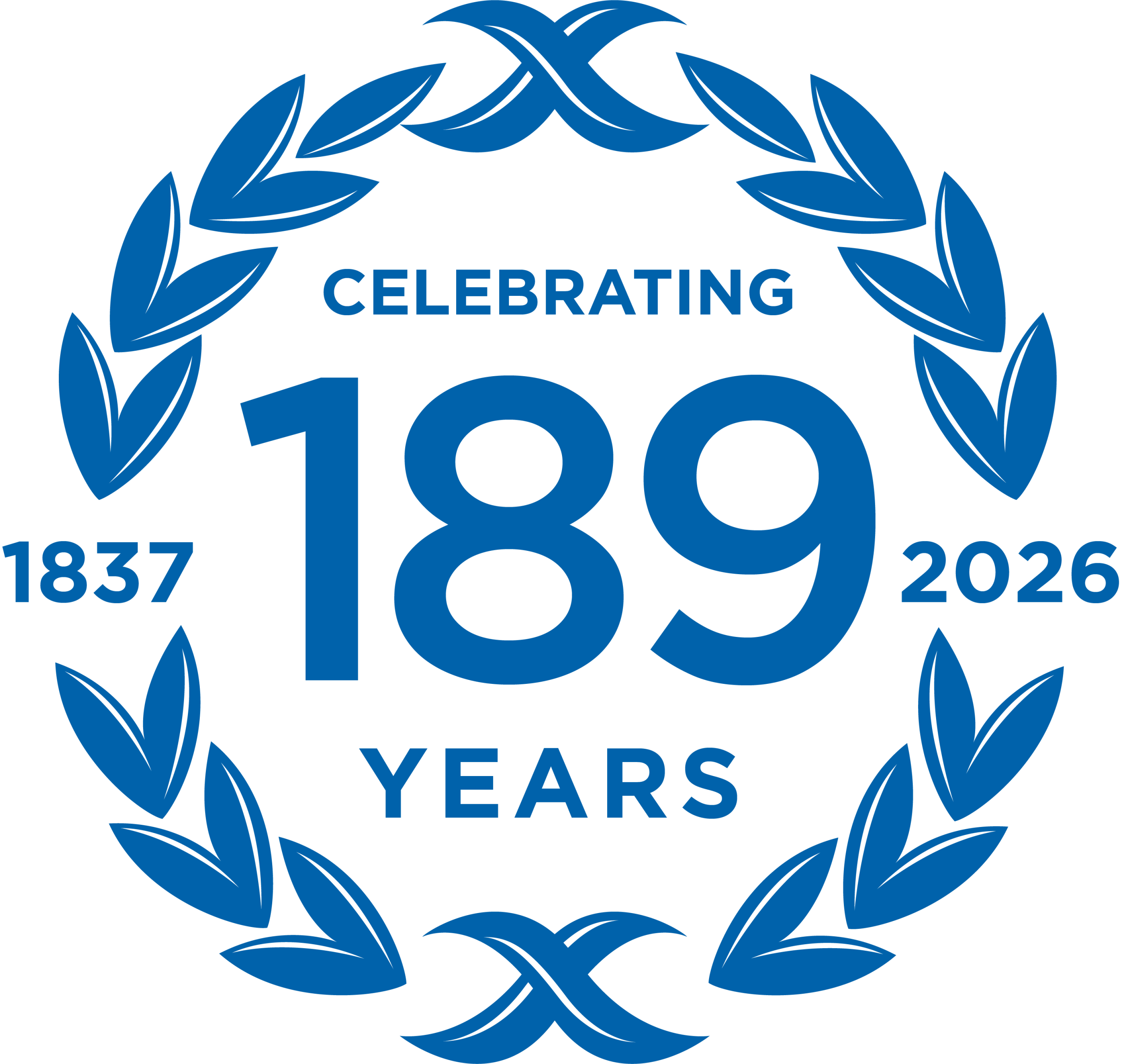 Logo marking 189-year anniversary from 1837 to 2026 with laurel wreath