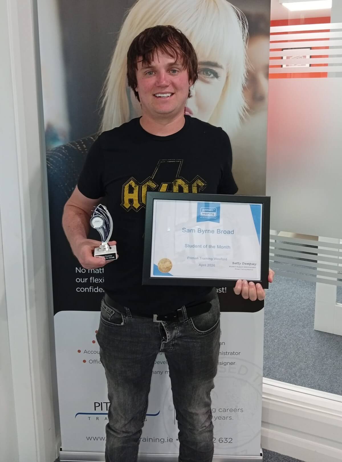 Sam Byrne Broad receiving Student of the Month award at Pitman Training Wexford